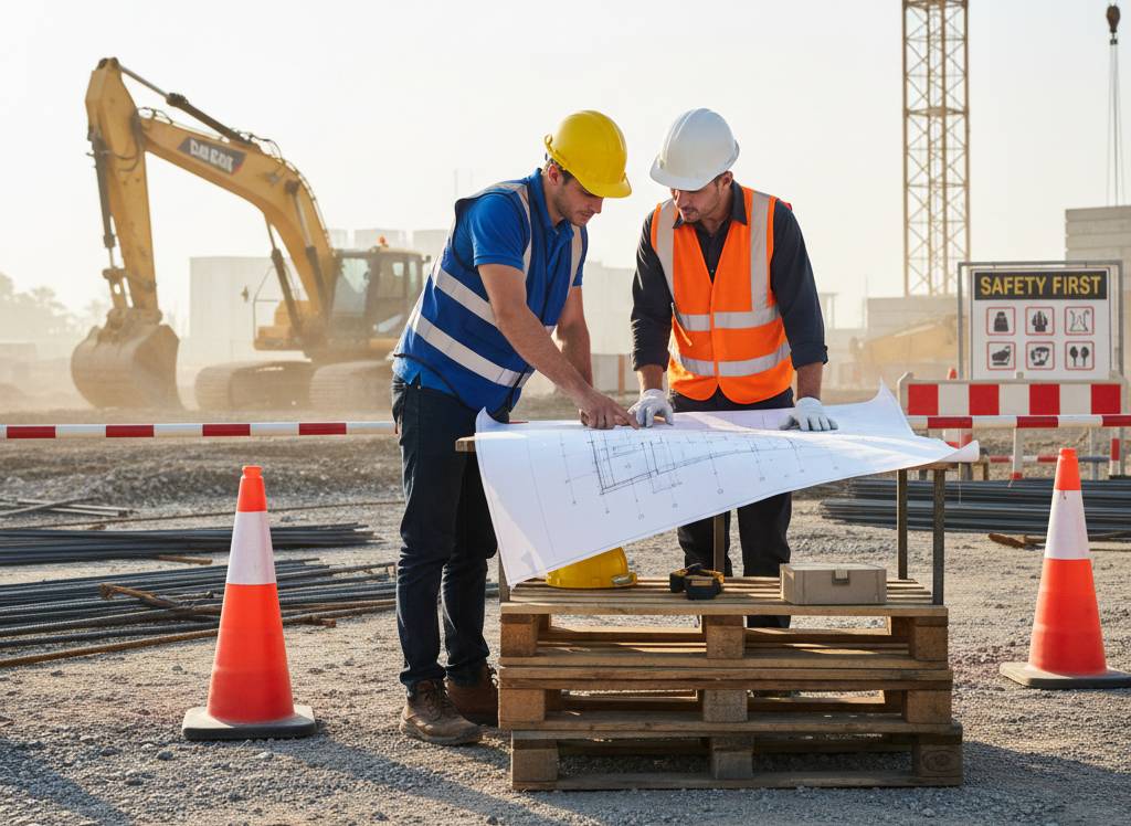 Dos trabajadores equipados con medidas de seguridad uma imaegen que evoca prevención y seguridad y coordinación de actividades empresariales, trabajan sobre un plano en el escenario de una obra , en el fondo se ven maquinas trabajando