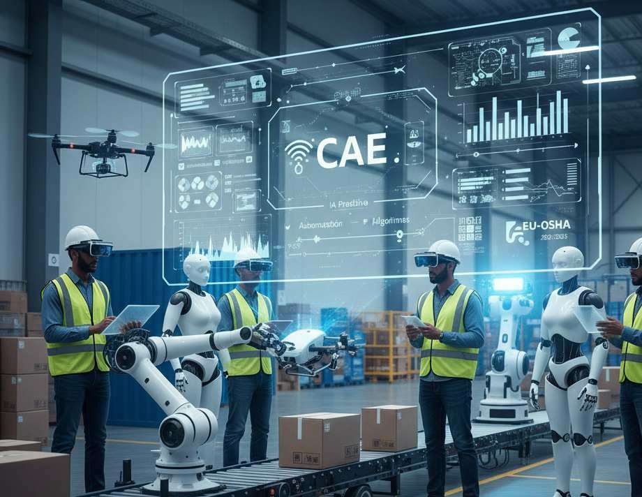 Ficción generada para CAE predictiva con Inteligencia artificial. Varios empleados en una planta logistica trabajando con elementos de realidad virtual