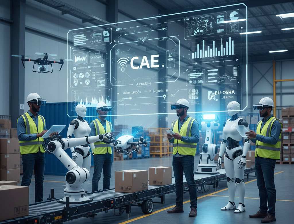 Ficción generada para CAE predictiva con Inteligencia artificial. Varios empleados en una planta logistica trabajando con elementos de realidad virtual