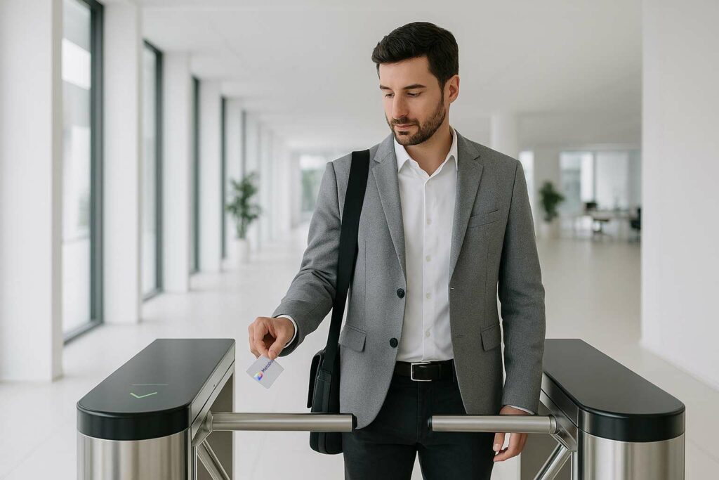 Una persona entrando a un centro de trabajo por un torno de control de accesos