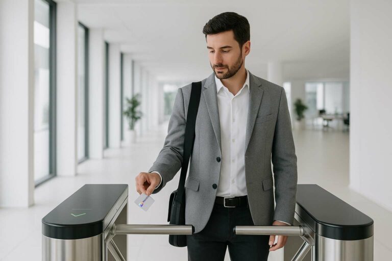 Una persona entrando a un centro de trabajo por un torno de control de accesos