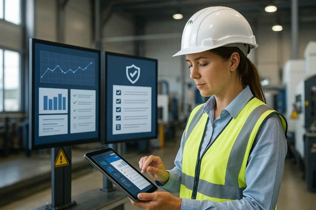 ¿Cuál es la mejor plataforma CAE? Una mujer trabajadora equipada con EPI elige entre varias pantallas sobre las que trabaja