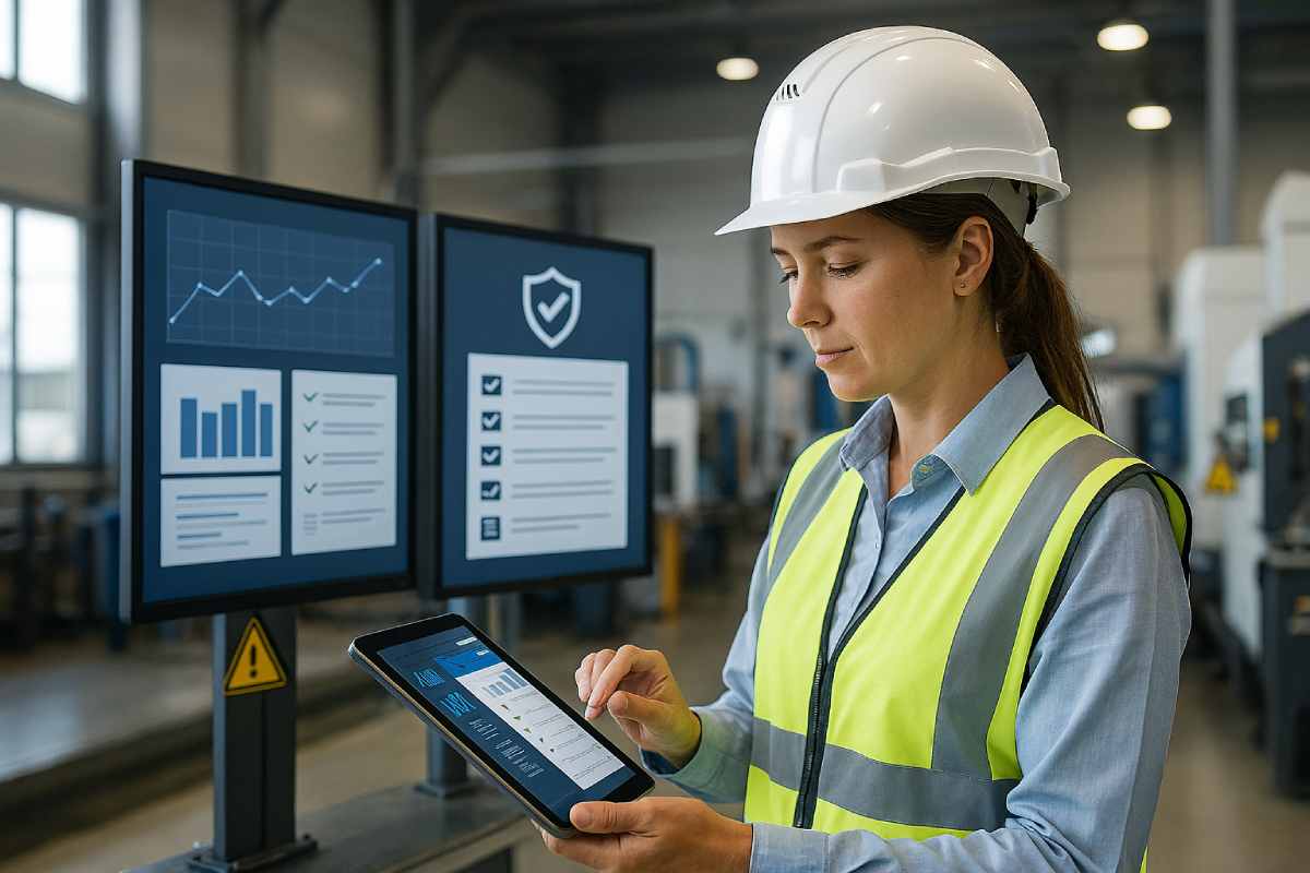 ¿Cuál es la mejor plataforma CAE? Una mujer trabajadora equipada con EPI elige entre varias pantallas sobre las que trabaja