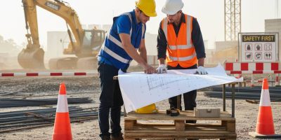 Dos trabajadores equipados con medidas de seguridad uma imaegen que evoca prevención y seguridad y coordinación de actividades empresariales, trabajan sobre un plano en el escenario de una obra , en el fondo se ven maquinas trabajando