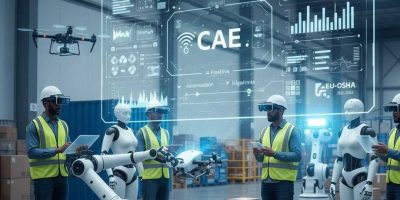 Ficción generada para CAE predictiva con Inteligencia artificial. Varios empleados en una planta logistica trabajando con elementos de realidad virtual