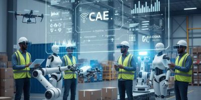 Ficción generada para CAE predictiva con Inteligencia artificial. Varios empleados en una planta logistica trabajando con elementos de realidad virtual