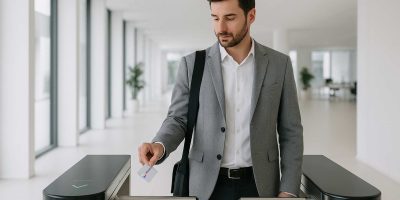 Una persona entrando a un centro de trabajo por un torno de control de accesos