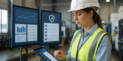 ¿Cuál es la mejor plataforma CAE? Una mujer trabajadora equipada con EPI elige entre varias pantallas sobre las que trabaja
